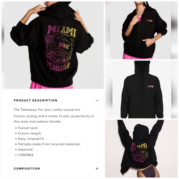 VICTORIA'S SECRET PINK FLEECE HOODIE JACKET GRAPHIC BACK 'MIAMI HEAT' FULL-ZIP - Picture 10 of 14